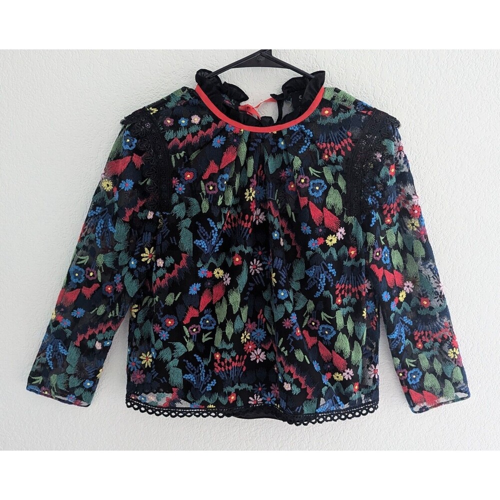 Saloni Embroidered Tulle Blouse Women's Size 4 Black Floral Long Sleeve Top